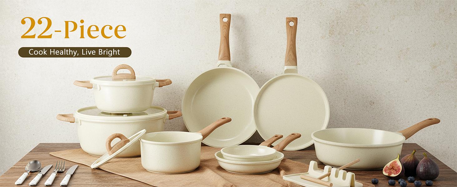 USELUCK Pots and Pans Set Non Stick Non-Toxic 22 Pcs Ceramic Cookware Sets Nonstick Kitchen Pot&Pan With Lid Cream White Granite Induction Compatible with Glass Lids Crepe Frying Pan PFOA/PFOS-Free