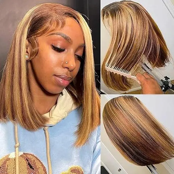 Bob Lace Closure Wig Human Hair Highlights 4/27 ombre honey blonde Wear and Go Glueless bob Wig 16 Inch 180 Density Pre Plucked With Baby Hair Hd Transparent Lace Ombre Blonde Color Wig