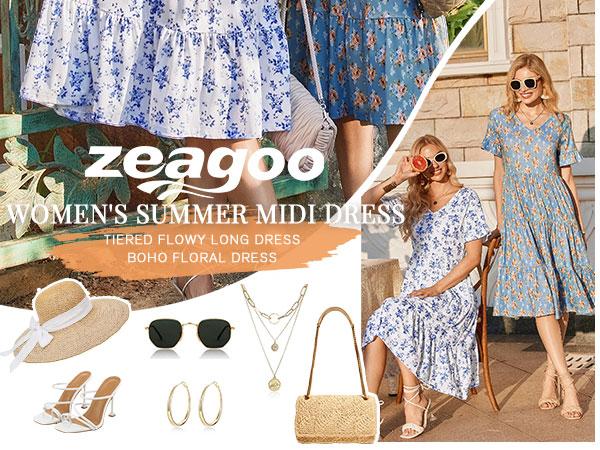 ZEAGOO DealsForYouDays Women's Summer Dresses Midi Tiered Casual Dress Floral V Neck Ruffle Short Sleeve Flowy Beach Dress with Pockets