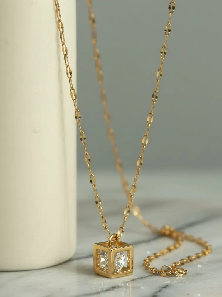 Golden Cube Necklace with Chain and Pendant