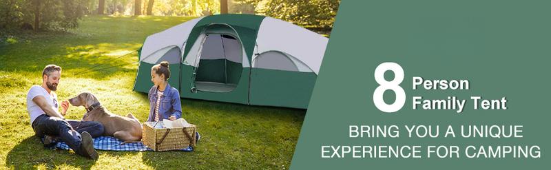 Tent 8 Person Camping Tents, Weather Resistant Family Tent, 5 Large Mesh Windows, Double Layer, Divided Curtain for Separated Room, Portable with Carry Bag
