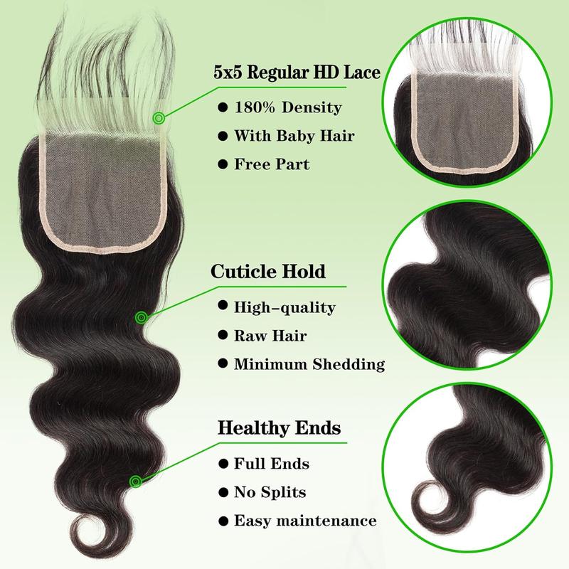 Body Wave Bundles with 5x5 lace Closure Human Hair 100% Unprocessed Brazilian Virgin 15A Body Wave Human Hair Weave Bundles with 5x5 HD Lace Closure Natural Color for women