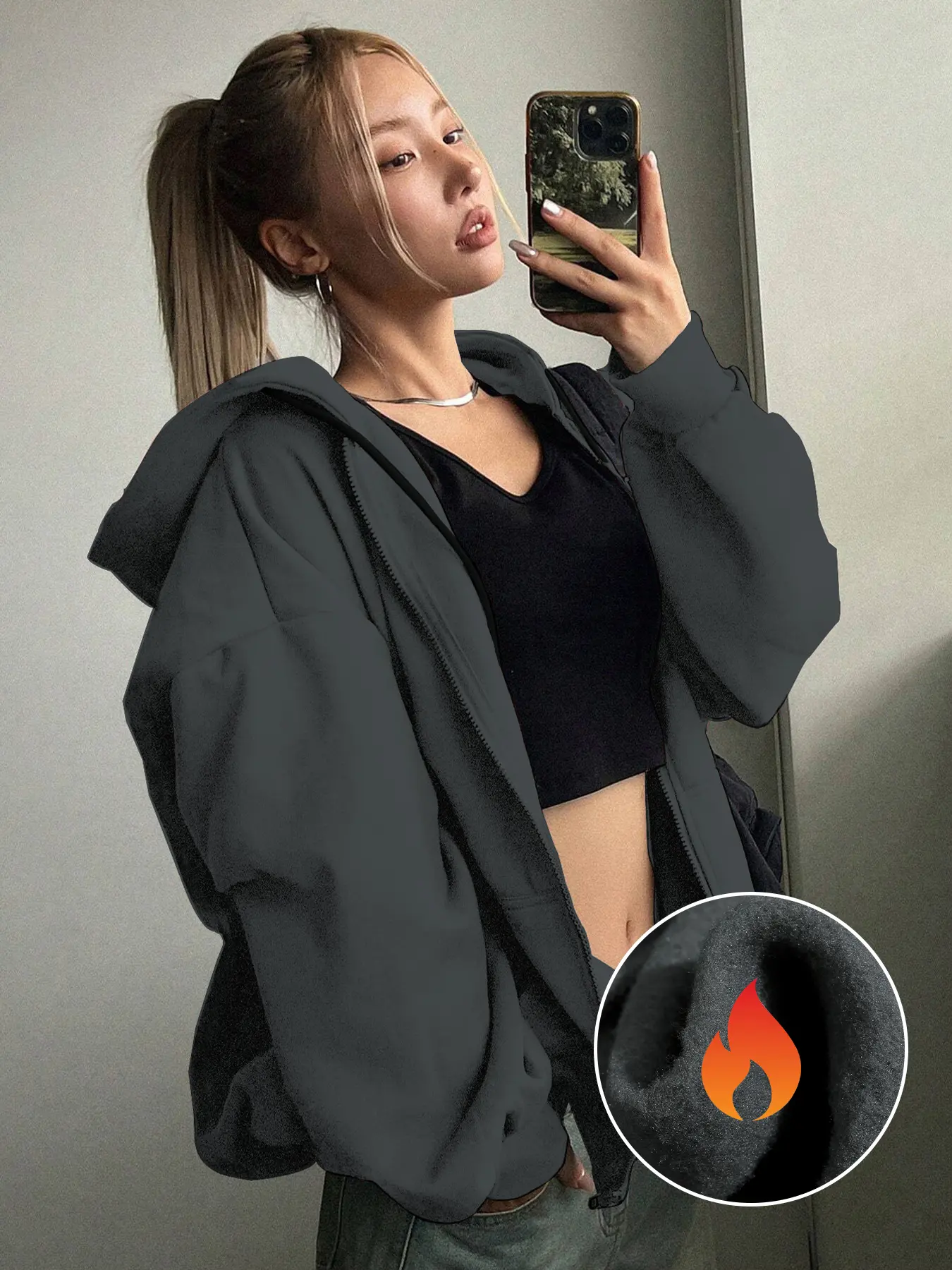 Women's Solid Color Zipper Hoodie Jacket Coats Outerwear, Casual Minimalist Style Long Sleeve Drawstring Design, Lightweight Pocket Sweatshirt for Daily Wear