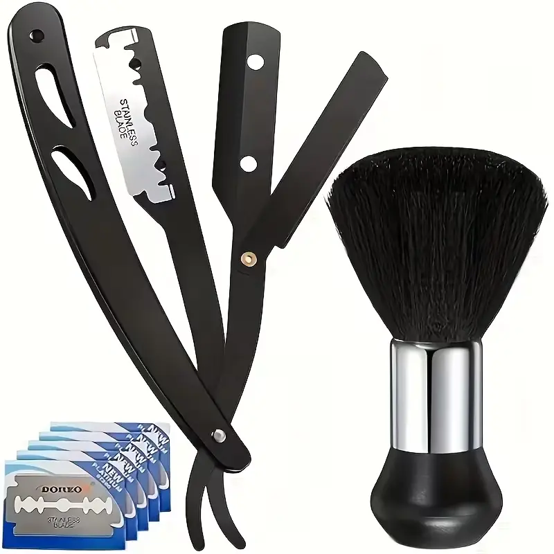 1 Set Of Men's Straight Handle Hair Clipper Steel Shaver, Stainless Steel Shaver Blades, Folding Shaver Hair Removal Tool, with 10 High-quality Double-edged Blades And Neck Dust Removal Brush Kits Shaving Products