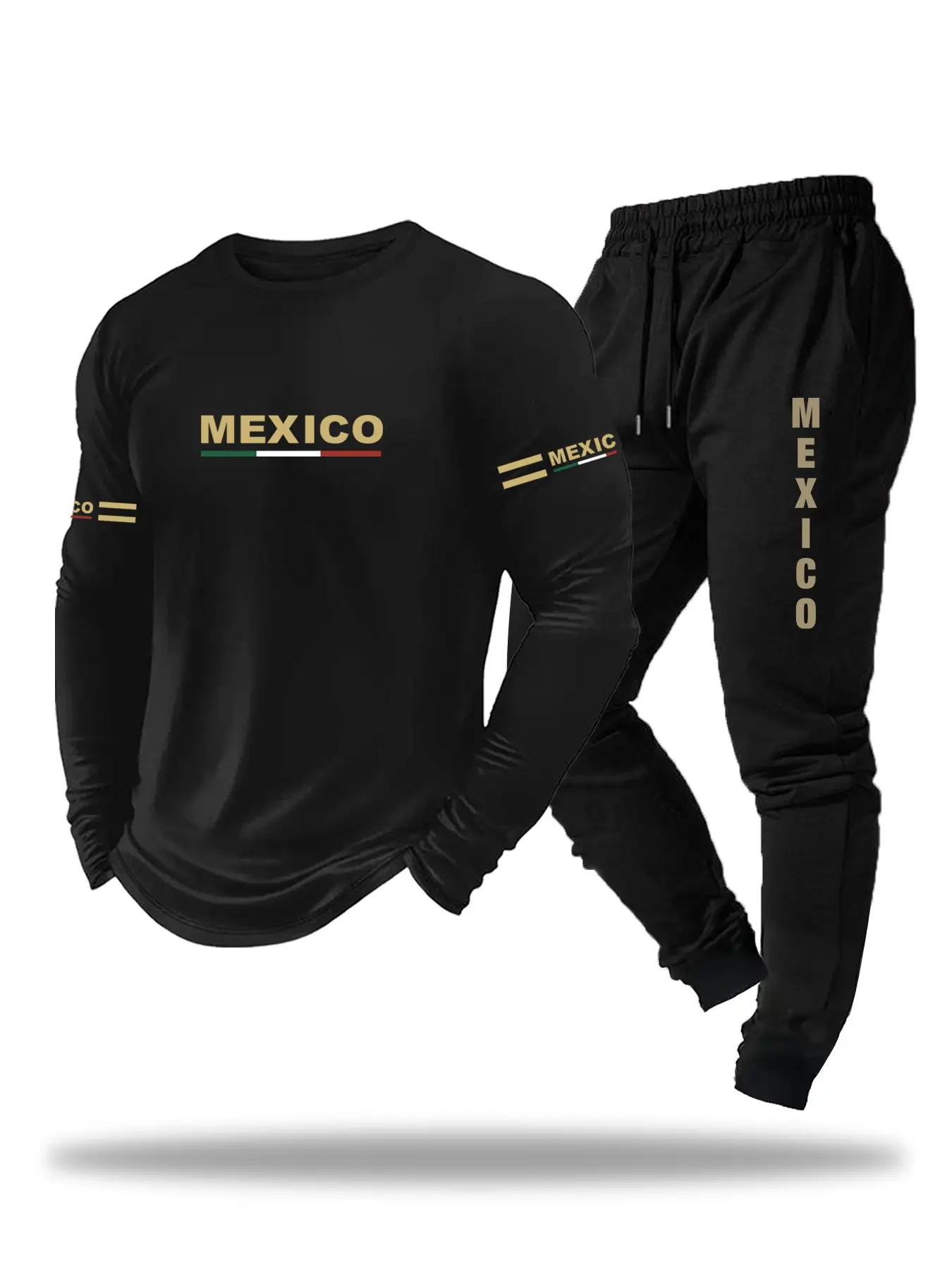 Men's Letter Print Long Sleeve Top and Drawstring Sweatpants Set, Mexico Letter Design, Casual Comfortable Daily Wear, Menswear