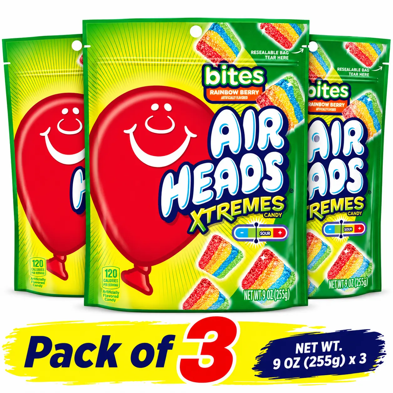 Airheads Xtremes Bites Rainbow Berry Sweetly Sour Candy 9 oz – Pack of 3 Snack Tangy Bonbon Fruit Chewy Fruity