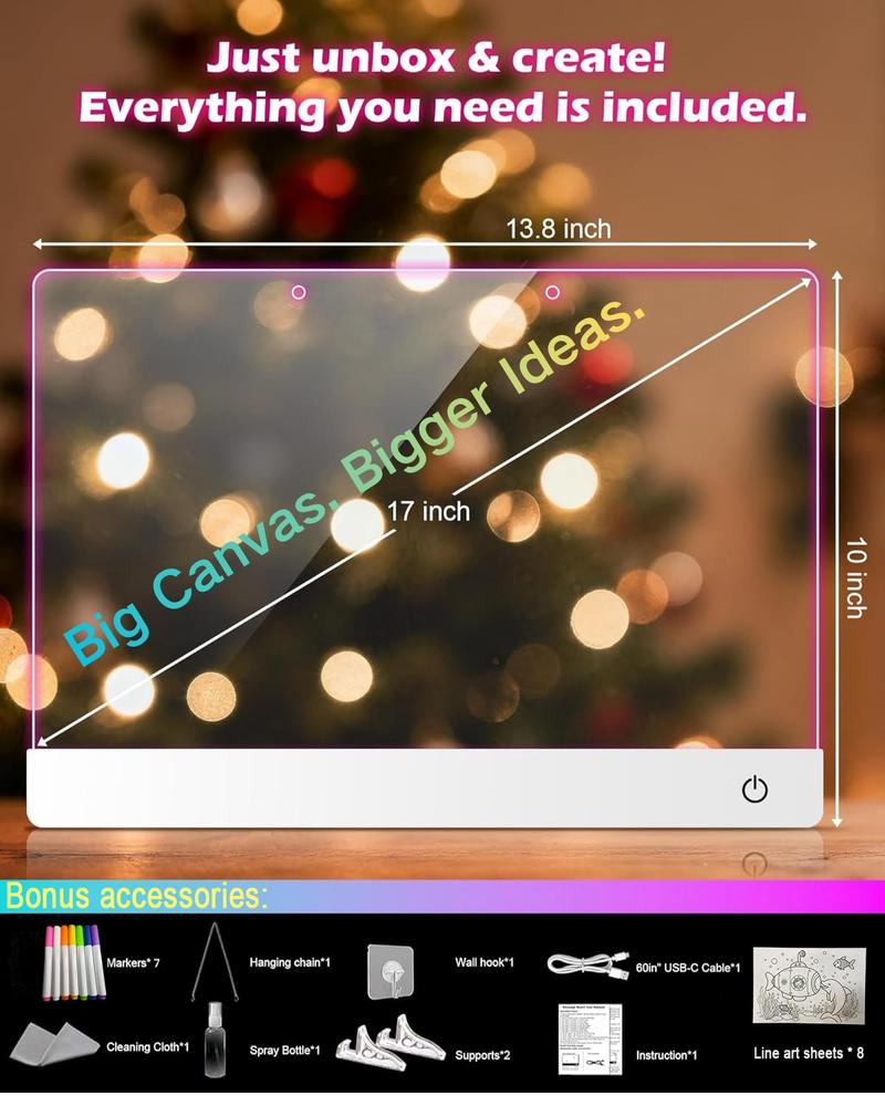 17” Rechargeable LED Drawing Board with 11 Light Modes, Light-Up Acrylic Message Board & DIY Night Light, Includes 8 Line Art Sheets, Stand & Hanging Chain, Neon Dry Erase Board for Kids, Dorm, Office & Store Display