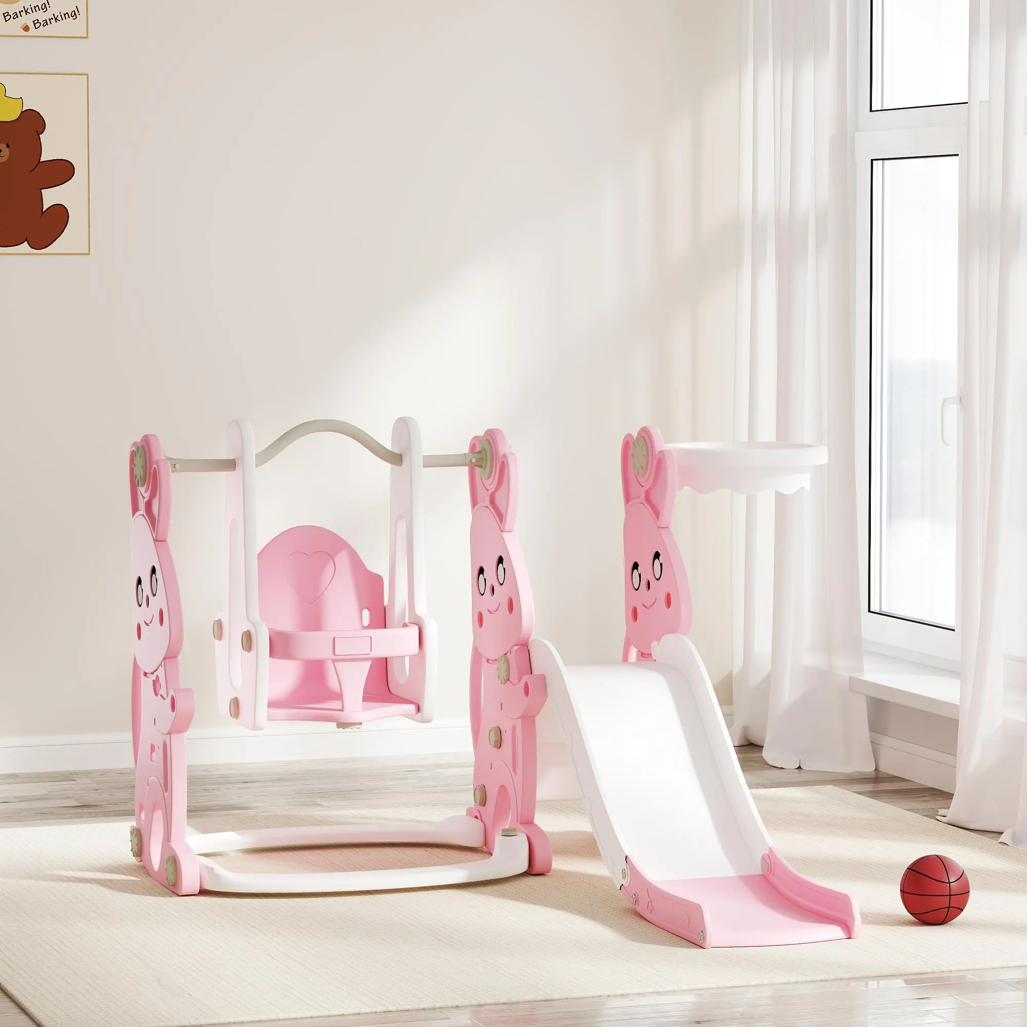 Qaba 4 in 1 Toddler Slide and Swing Set, Kids Playset for Ages 1.5-4, Rabbit Themed Children Slide Playground with Climber, Basket Hoop, for Indoor Outdoor Backyard, Pink