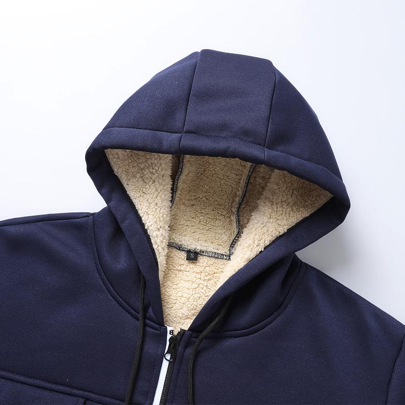 Men's Fleece Hooded Sweater with Warm Lining Multi-Pocket Zipper Closure for Autumn Winter Casual Wear