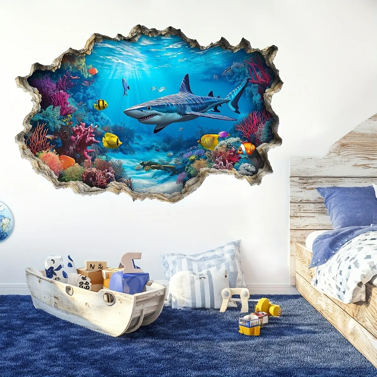 Ocean World Bathroom Wall Sticker with Shark Tropical Fish Coral Elements, Marine Elements, Immersive Underwater Scene Decorative Decal, Decorative Stickers, 3D Wall Art for Bathrooms, Unique Decoration, Decorating
