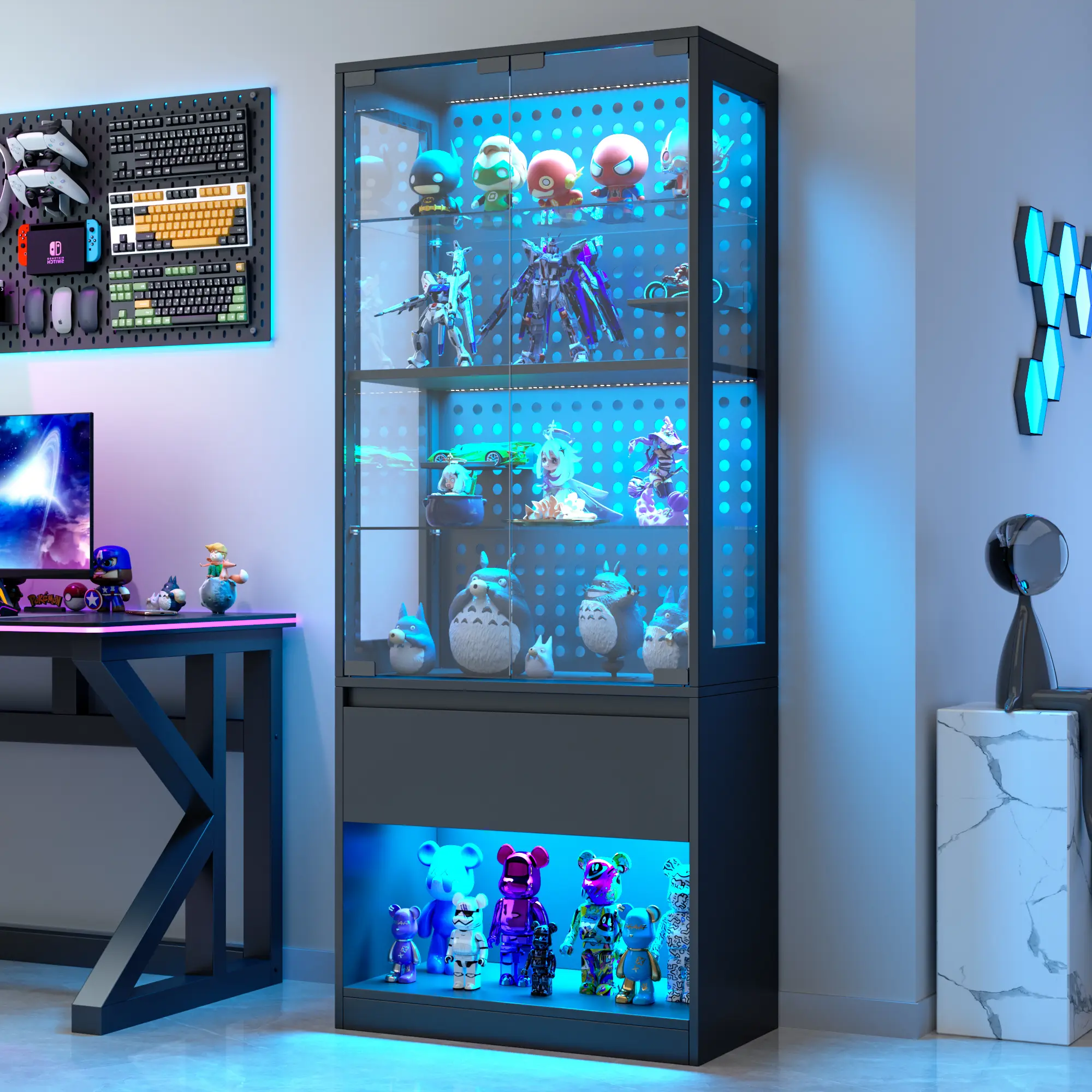 Kepptory Modern Accent Display Curio Cabinet - RGB Lights, Pop-Up Doors, Glass Multifunctional Storage Cabinet