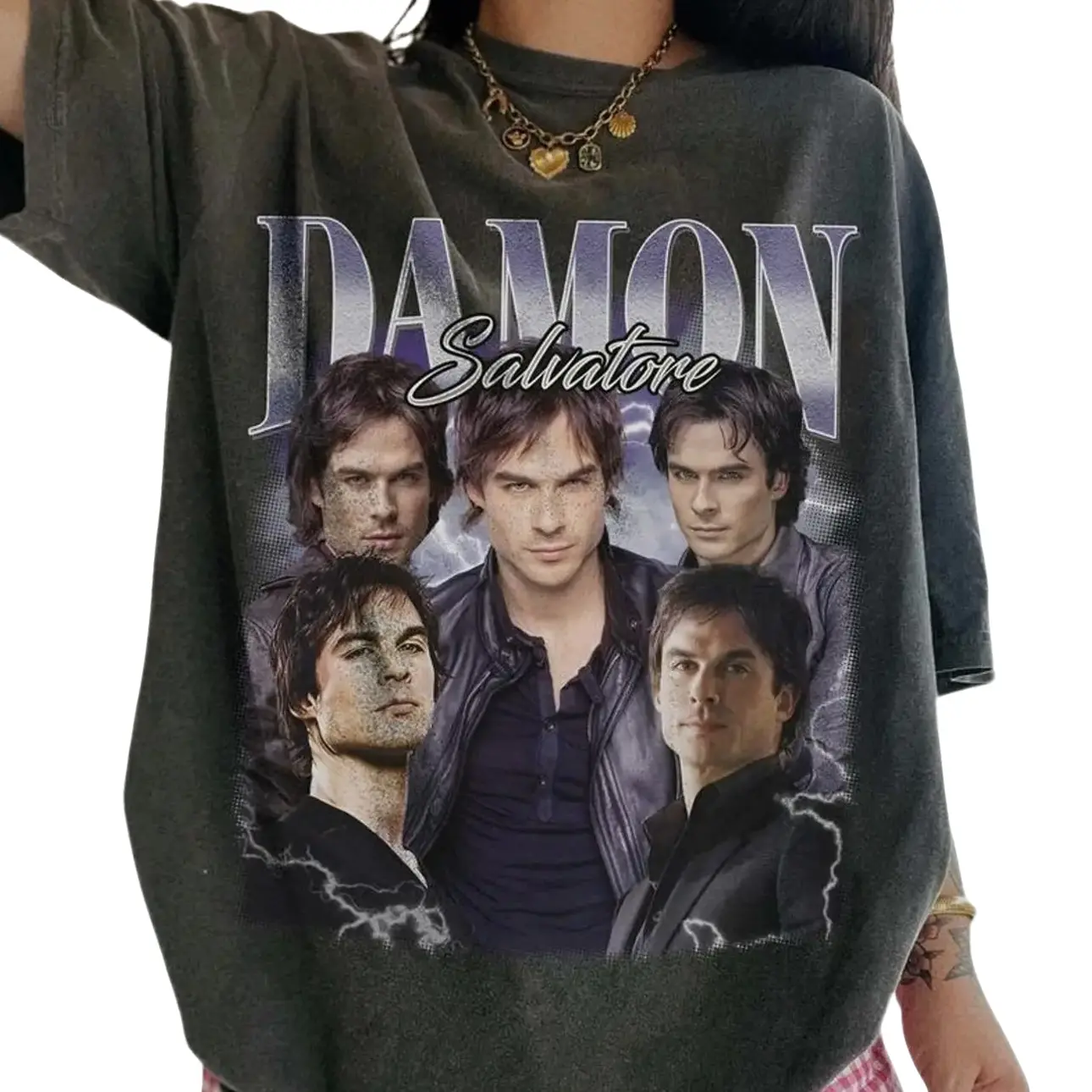 Damon Salvatore Fan T-shirt, The Vampire Diaries Merch, TVD Fan Merch, Damon Salvatore Vintage Collage T-Shirt, 90s Aesthetic TV Show Shirt