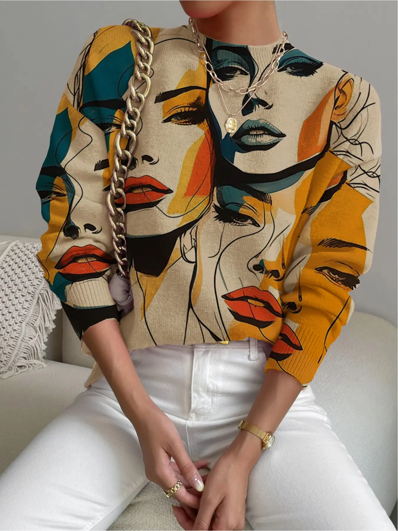 Women's Animal Print Stand Collar Short Sweater Piece, Fall & Winter Casual Long Sleeve Knitwear Style, Comfortable Warm Fitted Top for Daily Wear, Lady, Womenswear, Clothes