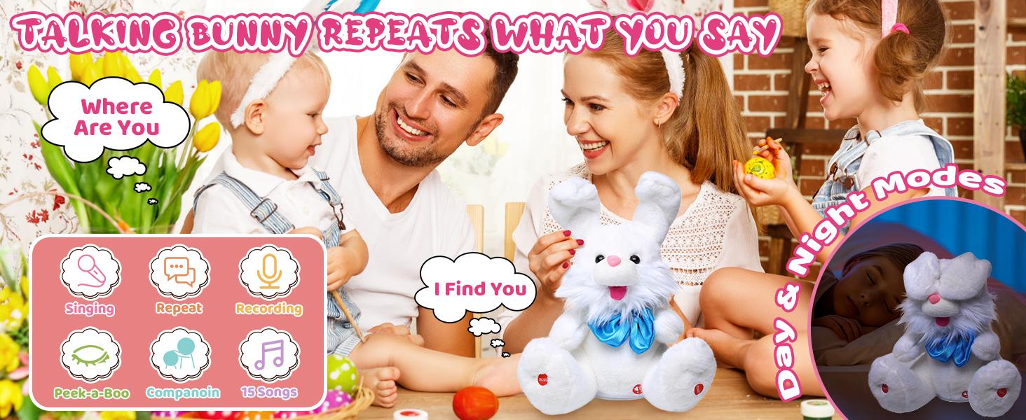 Easter Talking Bunny Repeats What You Say Peek-A-Boo Toy , Stuffed Animals with Volume Adjustable, Singing Features & Interactive Buttons Rabbit Doll