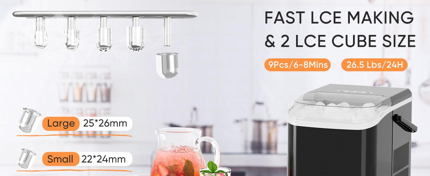 HomeSquad Portable Self-Cleaning Countertop Ice Maker - Makes 9 Ice Cubes in 6 Minutes, Produces 26.5lbs of Ice in 24 Hours, Includes 2 Sizes of Bullet Ice, Ice Scoop, Basket & Handle - Perfect for Home, Kitchen, and Parties!
