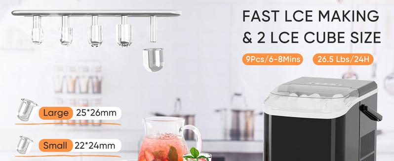 HomeSquad Portable Self-Cleaning Countertop Ice Maker - Makes 9 Ice Cubes in 6 Minutes, Produces 26.5lbs of Ice in 24 Hours, Includes 2 Sizes of Bullet Ice, Ice Scoop, Basket & Handle - Perfect for Home, Kitchen, and Parties!