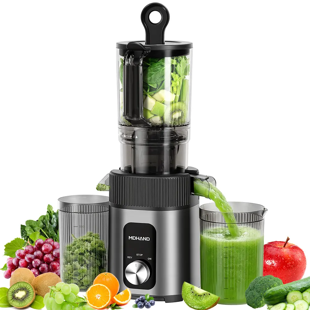 MDHAND Cold Press Slow Masticating Juicer, 4.35" Large Feed Chute, 60RPM Low Oxidation Juice Extractor, Reverse Anti-Clog, Low Noise, Easy to Clean for Fruits, Veggies & Celery