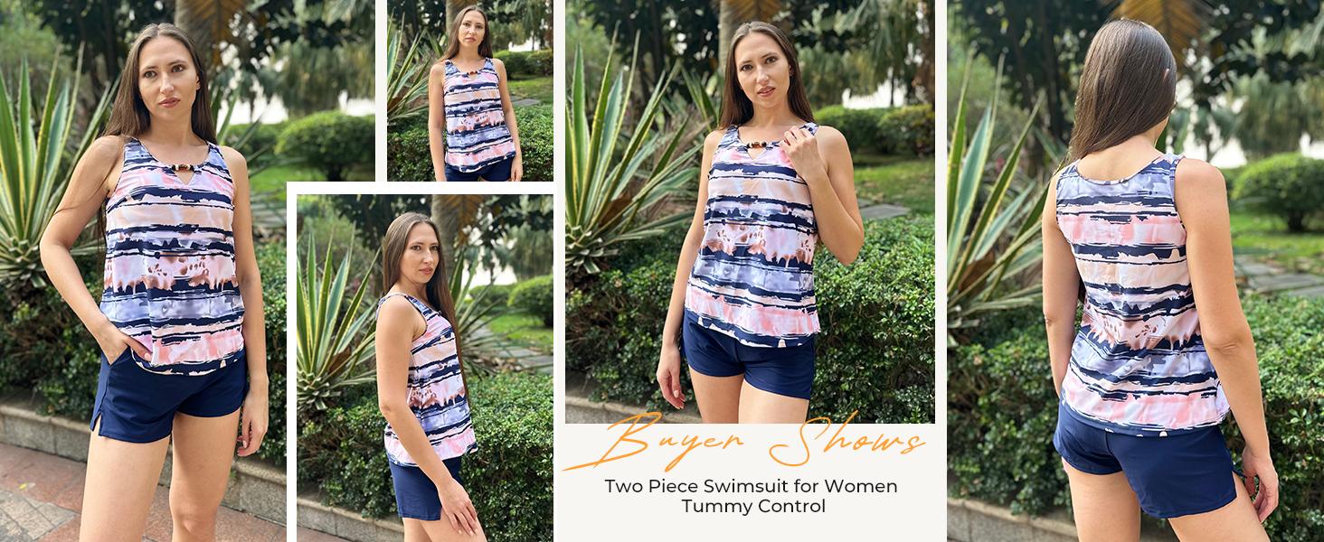 【S-2XL】Hanna Nikole Women 2 Piece Tankini Swimsuits Modest Bathing Suit Beads V Neck Swimwear with Sporty Swim Shorts Pockets