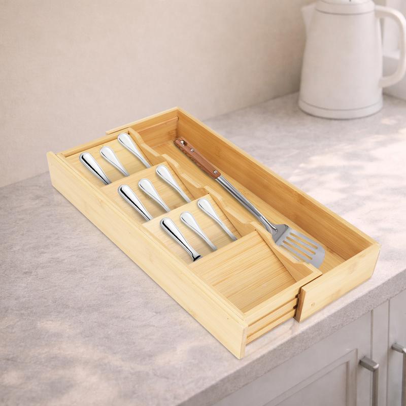 Bamboo Adjustable Cutlery Drawer Organizer Expandable Utensil Tray for Kitchen Drawers Compact Storage for Spoons Forks Knives Easy Access Clean Collapsible Eco-Friendly Flatware Holder