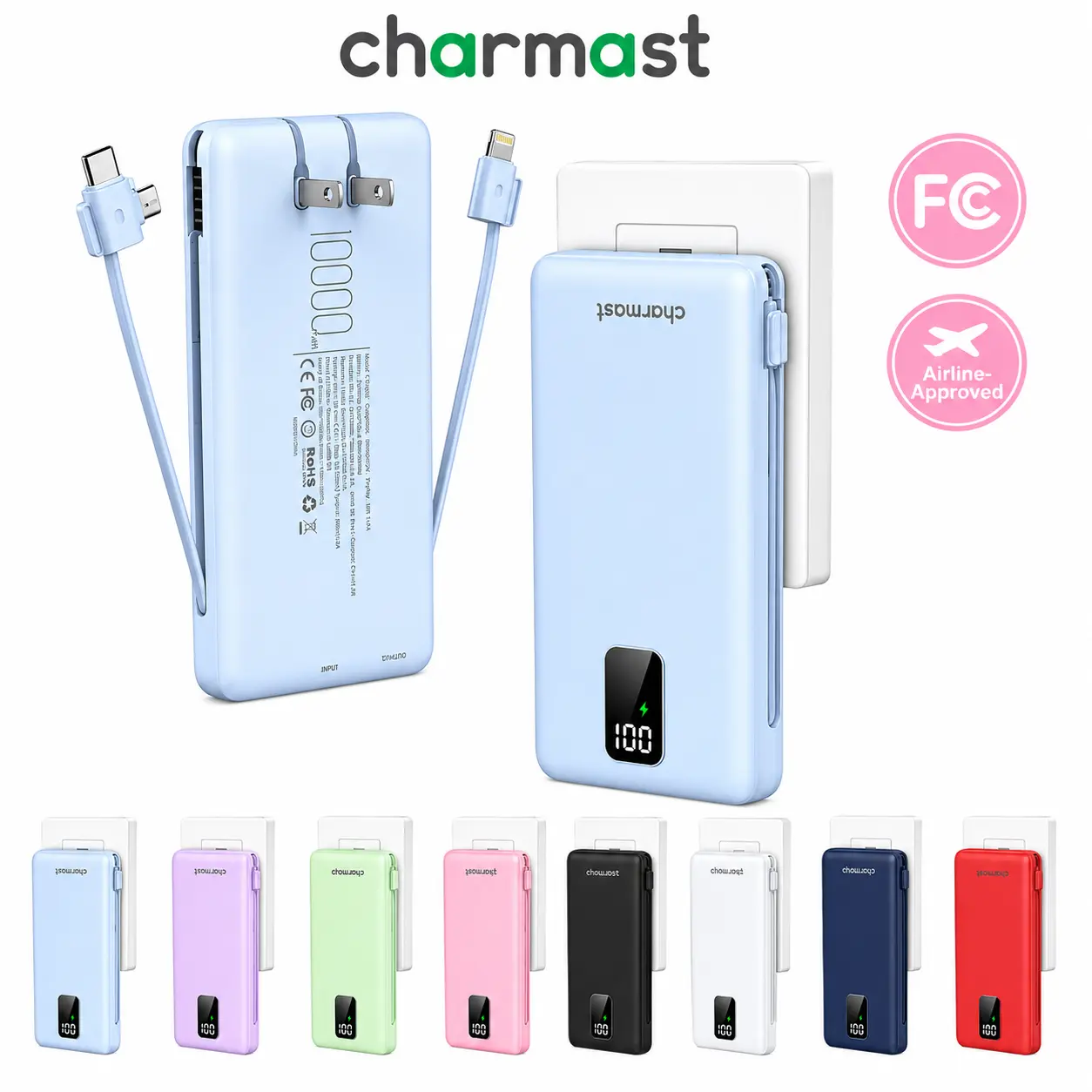 charmast Portable Charger with Built-in Cables and Plug, 10000mAh USB C Power Bank Fast Charging, External Battery Pack Slim, Travel Essentials Compatible with iPhones, Samsung Galaxy, iPad , battery power bank Foldable Black Electronic