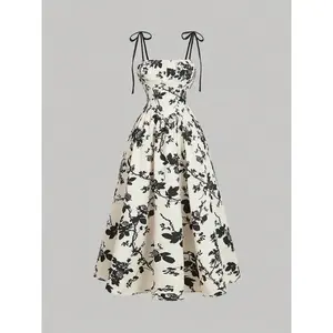 Women's Floral Print Tie Shoulder Cami Dress Bohemian Spaghetti Strap Sleeveless for Daily Outdoor Wear Womenswear Formal Black And White Boho