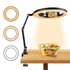 Apexel 10" Overhead Ring Light for Desk with Stand & Phone Holder, 360° Rotatable Arm, 3 Color Modes, USB Power, C-Clamp Mount for Photography, Makeup, Live Stream Video