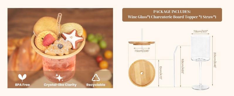 Wine Glass with Charcuterie Topper and Straw Wine Appetizer Plates for Family Gatherings Girl's Night Valentine's Day White Elephant Gift