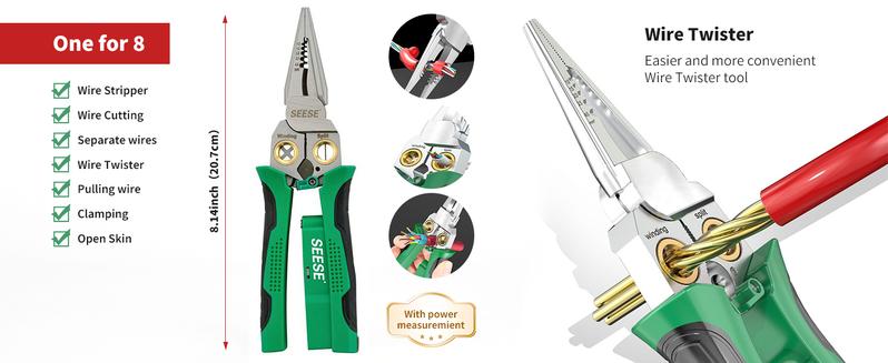 SEESE 8-in-1 Wire Stripper for Electrician: Needle Nose Pliers with Voltage Tester & Dual Alarms - Electrical Pliers for Cutting Wires, Pulling Wires and Crimp Wires