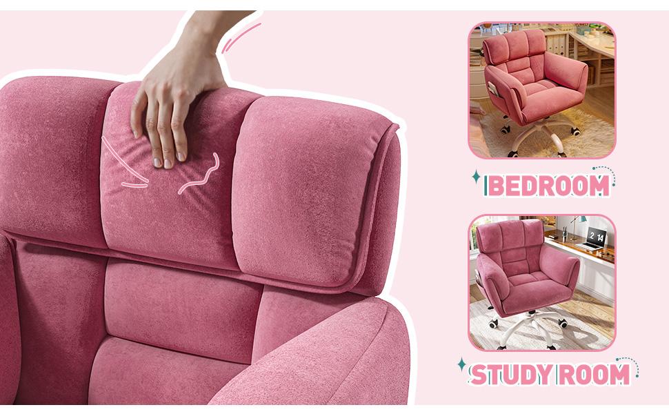 Raybee Cute Vanity Chair with Back Skin-Friendly Material, Modern Adjustable Height Upholstered ,Home Office Makeup Chair with Wheels, Comfy Gaming Chairs with Side Pockets for Bedroom