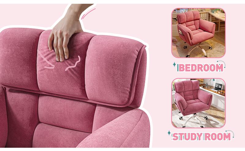 Raybee Cute Vanity Chair with Back Skin-Friendly Material, Modern Adjustable Height Upholstered ,Home Office Makeup Chair with Wheels, Comfy Gaming Chairs with Side Pockets for Bedroom