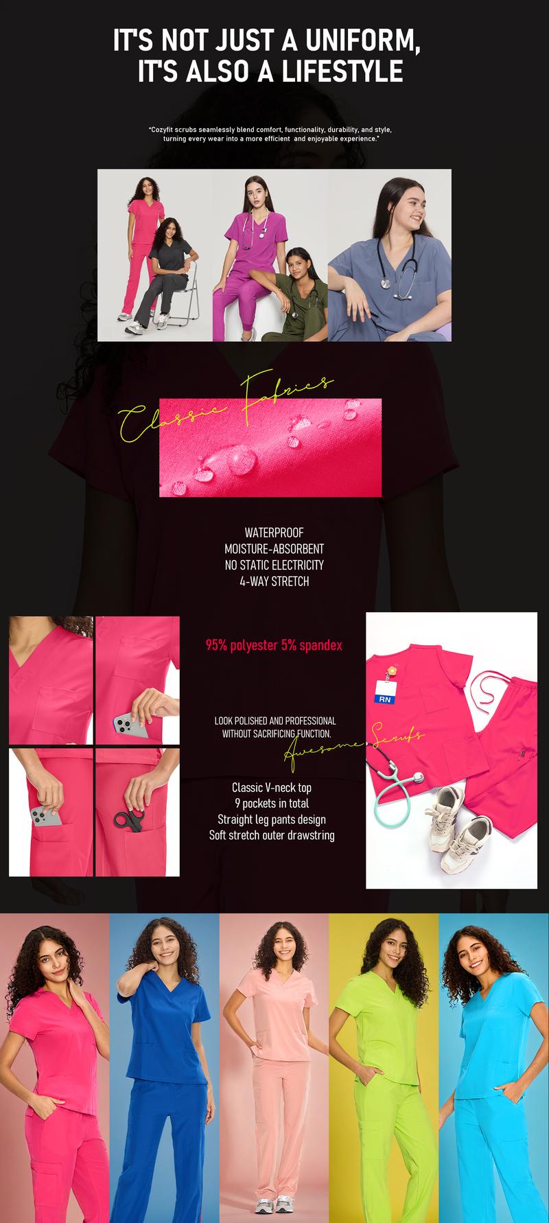 cozyfit Scrubs for Women DawnDusk Set Medical Uniform - V-Neck Top & Straight Leg Pants with 9 Pockets,Easy Care