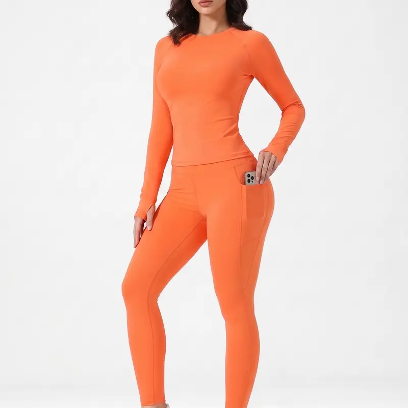 Uncia Active Women's  Gym Workout Apparel , Raglan Long Sleeve Thumb Hole Top & High Waist Side Pocket Yoga Leggings, Workout Sets Women