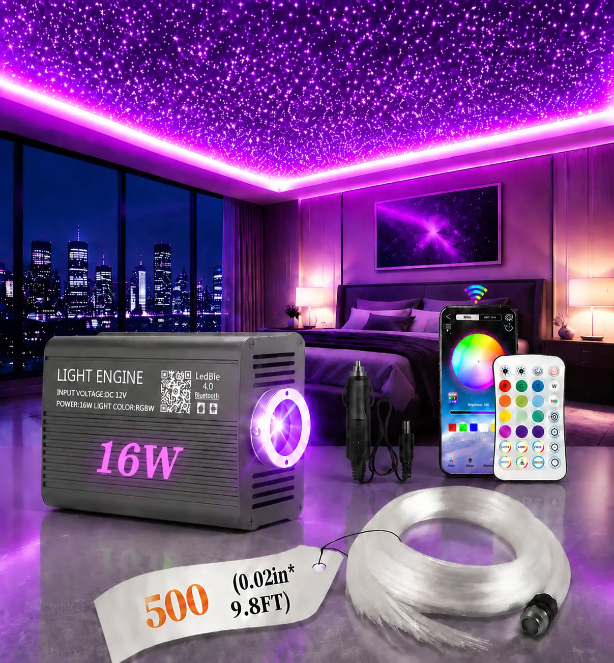 500PCS*0.02in *9.8ft Fiber Optic Starlight Headliner Kit –  RGB Color-Changing Ceiling Lights for Car & Home with APP + Remote Control, 15 Static Colors & Dynamic Fade/Jump/Spark Modes disco party Lights star ideal birthday gift