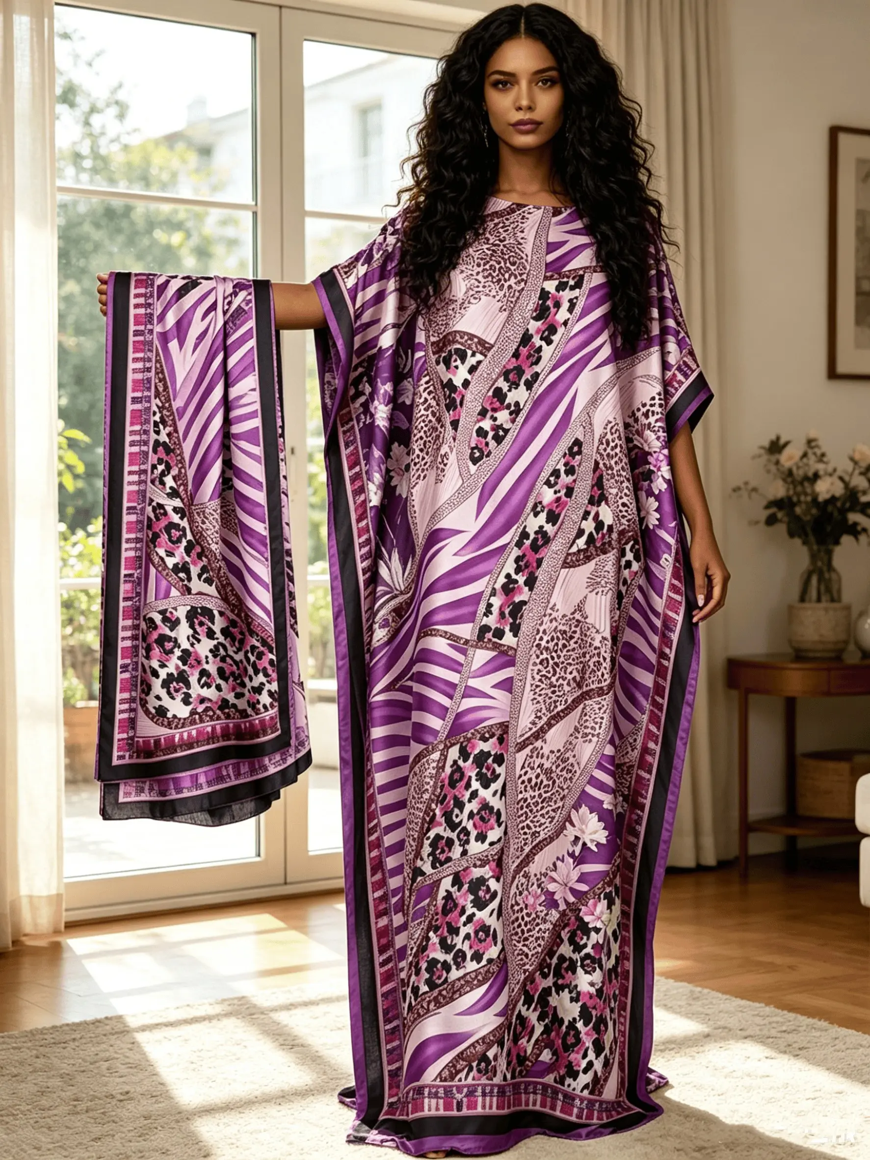 Luxury Lilac Leopard Geometric Kaftan Abaya, Satin Flowy Maxi Dress with Headscarf, Modest Swimwear Cover Up, Muslim Resort Wear
