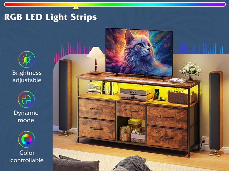【Storage  LED TV Stand】 Raybee 5 Drawers Dresser & TV Stand for Living Room,Dresser for Bedroom Chest of 5 Drawers Cabinet TV Stand with LED Lights Entertainment Table with Built-in Power Outlets USB Ports for Hallway,43''W × 12''D × 31‘’H