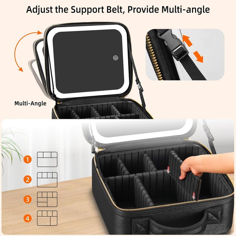 Travel Makeup Bag With LED Mirror, Cosmetic Train Case with Light up Mirror, Portable Makeup Artist Organizer Bag with Adjustable Dividers