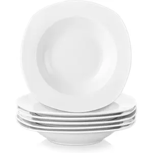 MALACASA Elisa Series 6-Piece Set 8.5 Inch Porcelain Soup Plates, 21.5 x 21.5 x 4 cm Deep Plate, Cream White Dinner Service for 6 People