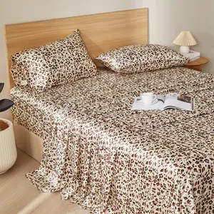 BEKRVIO- 4-Piece Retro leopard Pattern Soft Silk Satin Bomboo Bed Sheet Set Fitted and Pillowcase Faux Silky Bedding Cooling & Deep Pockets  Queen Twin Size Skin-friendly Low-Friction Cool Touch  King Size Breathable Heat-Dissipating