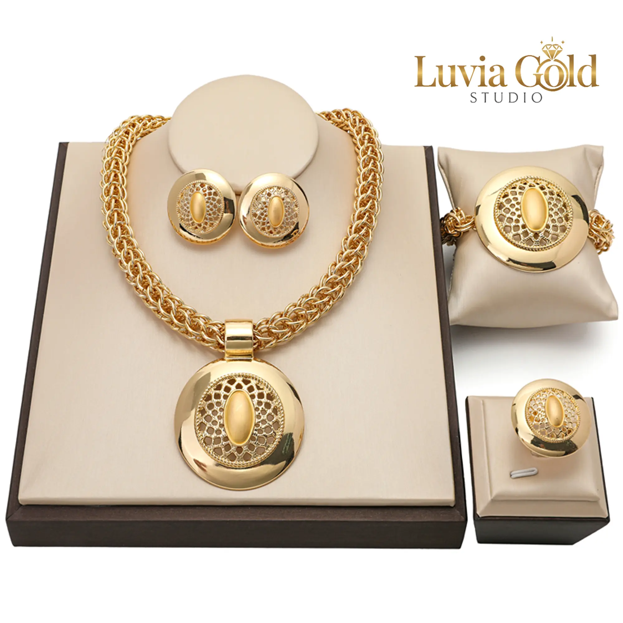 4-Piece Gold Plated Jewelry Set for Women, Elegant Filigree Statement Necklace and Matching Accessories - Bridal Jewelry for Formal Wear, Anniversary Gift, Wedding Accessories, Statement Earrings, Elegant Necklace, African Fashion, Jewelry Stack