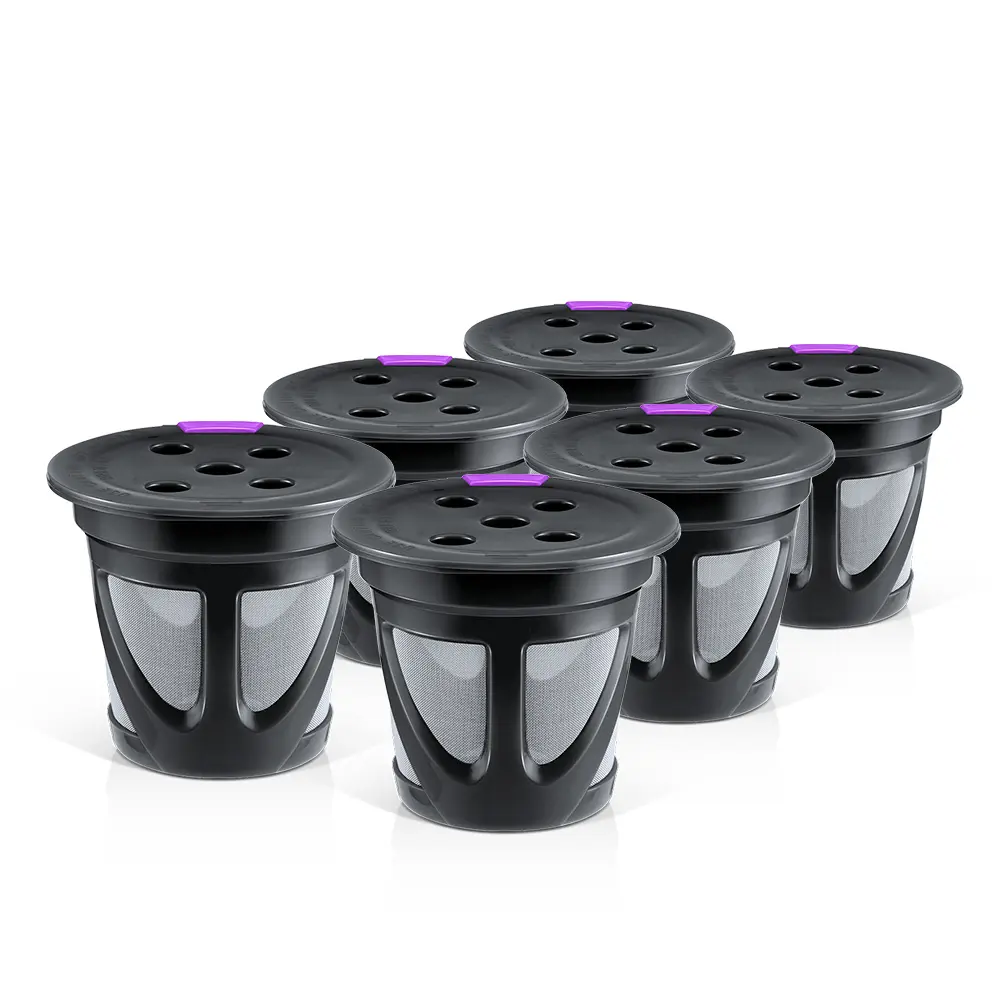 6 reusable 5-hole coffee pods for K-Cups, featuring food-grade stainless steel mesh filters compatible with Keurig 1.0 and 2.0 coffee makers