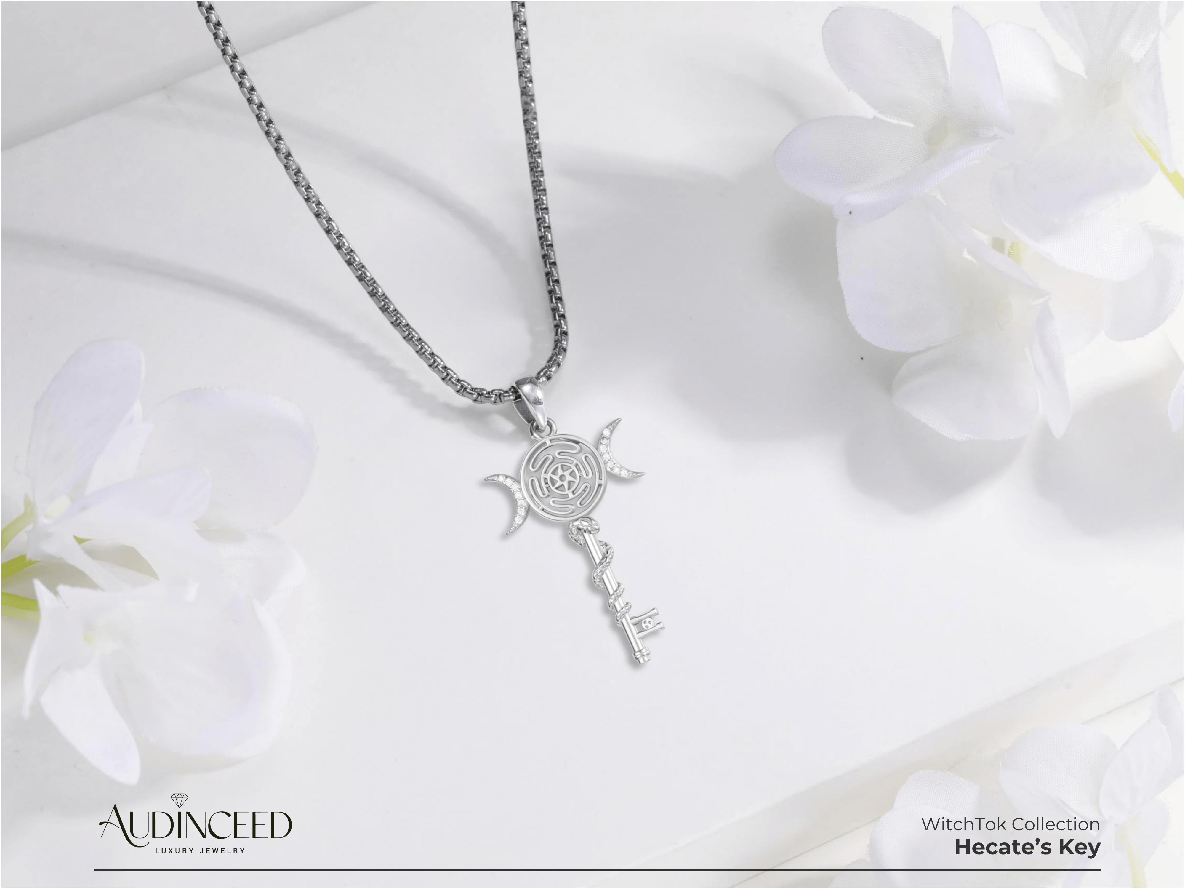 Audinceed Hecate's Key S925 Sterling Silver Moonstone Necklace, Witchtok Collection, Hekate Triple Moon Goddess Pagan Wiccan Magic Silver Necklace Pendant Protection Blessed Amulet Jewelry Gift for Women Men