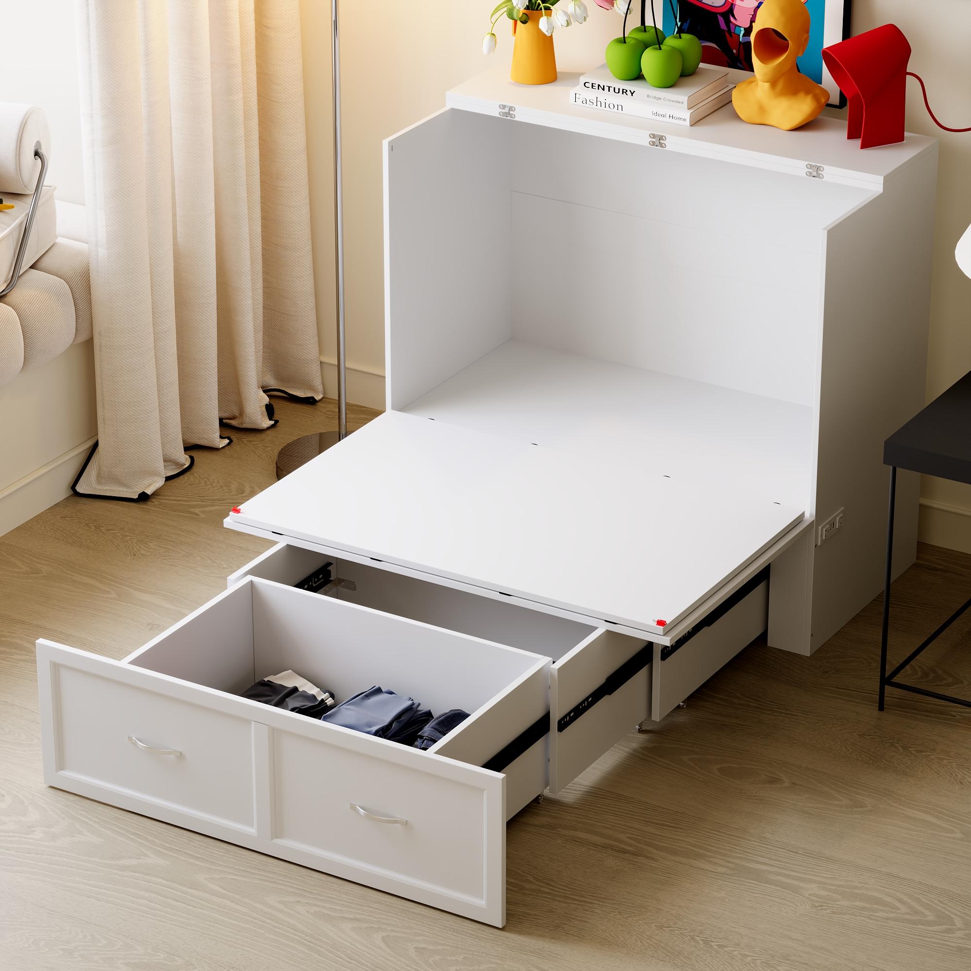 2-in-1 Twin Murphy Bed & Storage Cabinet - Built-In Charging Station, Foldable Space-Saving Design with Large Drawer for Bedroom Office