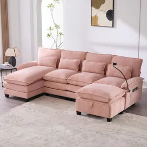 106'' U Shaped Modern Sofa Modular Sectional Cloud Couch with Storage Ottoman, Upholstery Chenille Deep Seat Sofa with Charging Port for Living Room, Reversible Chaise Lounge