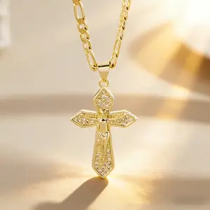 A Stylish Brass Necklace Plated with 14K Golden Featuring a Cross Charm, Adorned with Micro-Paved Cubic Zirconia Stones, Perfect for Women to Wear, Ideal As a Gift for Friends, And Suitable for Holiday Gatherings