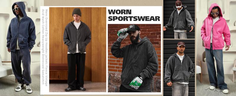 Gihuo Mens Oversized Zip Up Hoodies Jackets Fleece Vintage Acid Wash Cotton Heavyweight Distressed Sweatshirt