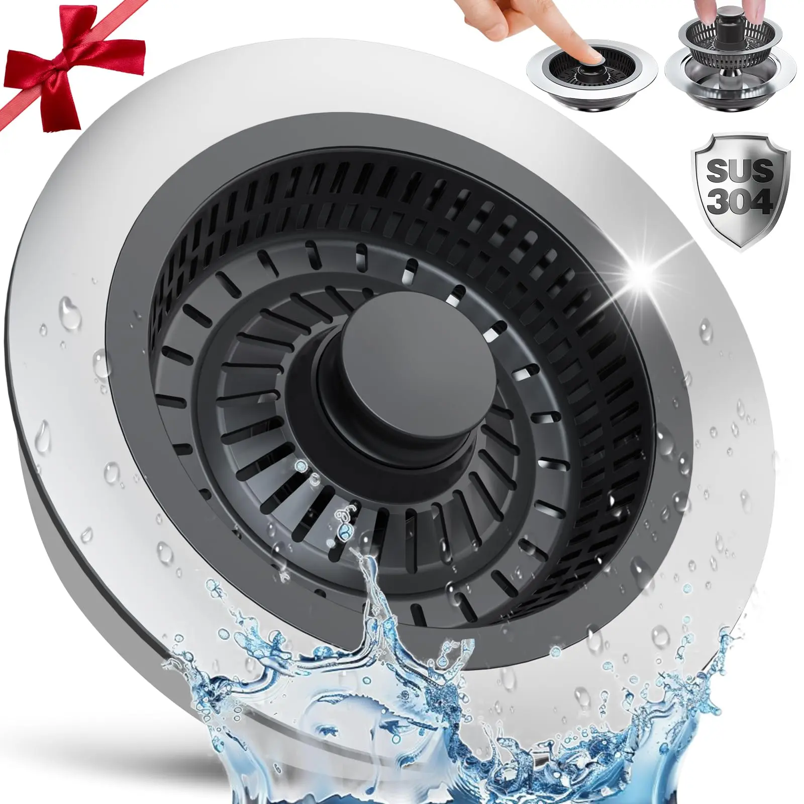 Upgraded 3in1 Kitchen Sink Drain Strainer & Sink Stopper,304 Stainless Steel Metal Sink Drain Stopper with Anti-Clogging Wider Strainer Basket