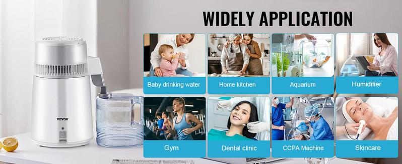 VEVOR 1.1 Gal Water Distiller, 0.3Gal/H, 750W Distilled Water Machine, 4L Distilling Pure Water Machine w/Plastic Container, Water Distillation Kit w/Button, Countertop Distilled Water Maker for Home