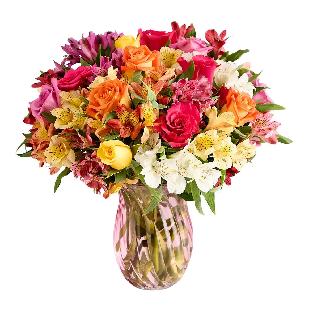 1800 Flowers- Assorted Roses & Peruvian Lilies Single Bouquet w/ Clear Vase