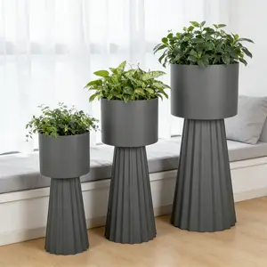 3pcs Metal Plant Pots with Stand Indoor Outdoor Tall Flower Pots 9.1in 10.6in 11.8in for Living Room Corner Kitchen Office Garden Decor Dark Gray