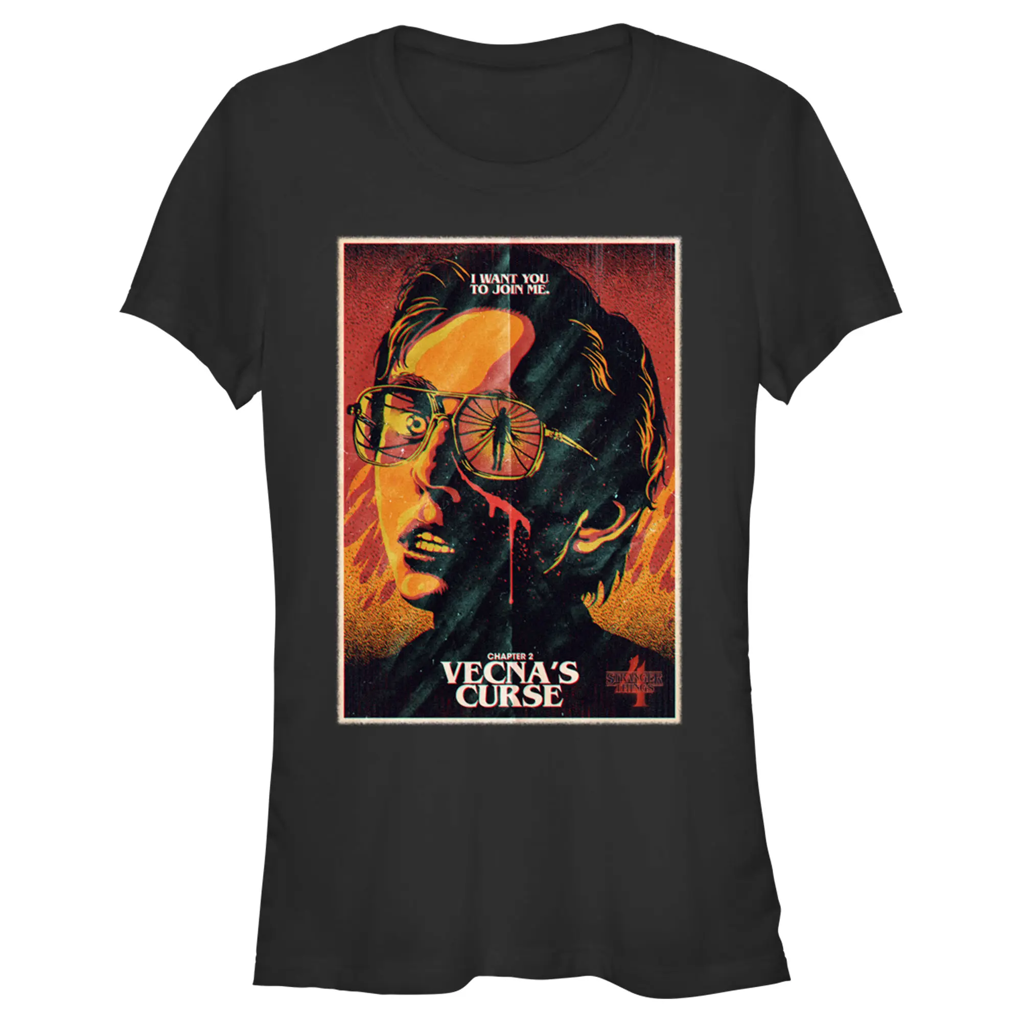 Juniors Womens Stranger Things Retro Vecna's Curse Poster T-Shirt